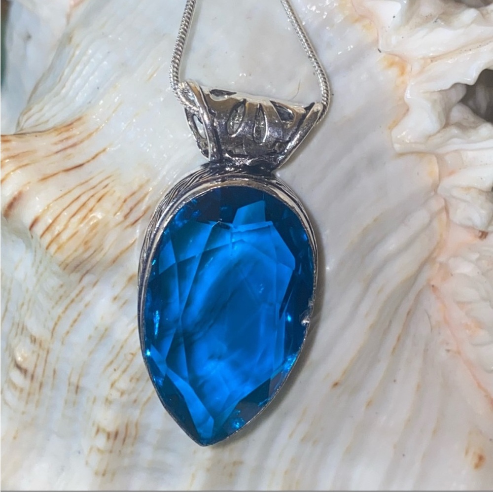 Sparkling Blue Tourmaline Handcrafted 925 Silver Statement Pendant Necklace